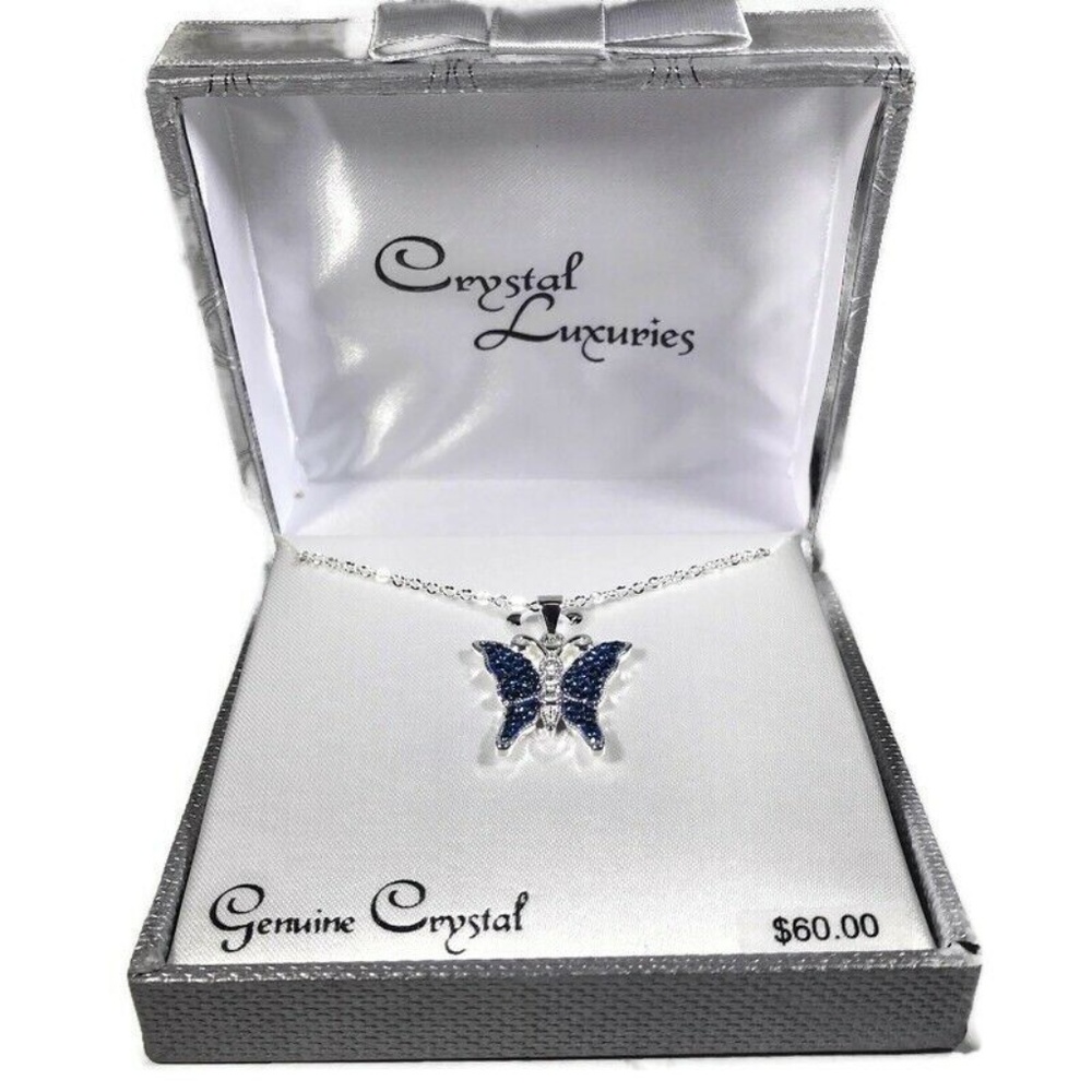 Silver Plated Blue Crystal Butterfly Necklace 18"